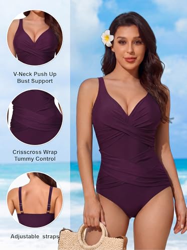 Image of Smismivo Tummy Control Swimsuits for Women Slimming One Piece Bathing Suit Retro Ruched Push Up Vintage Padded Swimwear