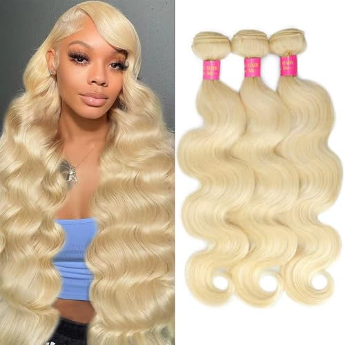 613 Body Wave Blonde Bundles Human Hair 18 20 22Inch 3 Bundles Human Blonde Hair Extensions100% Real 14A Brazilian Virgin Raw Easy to Dye No Synthetic Blend No Tangle No Shedding 3X-Lifespan