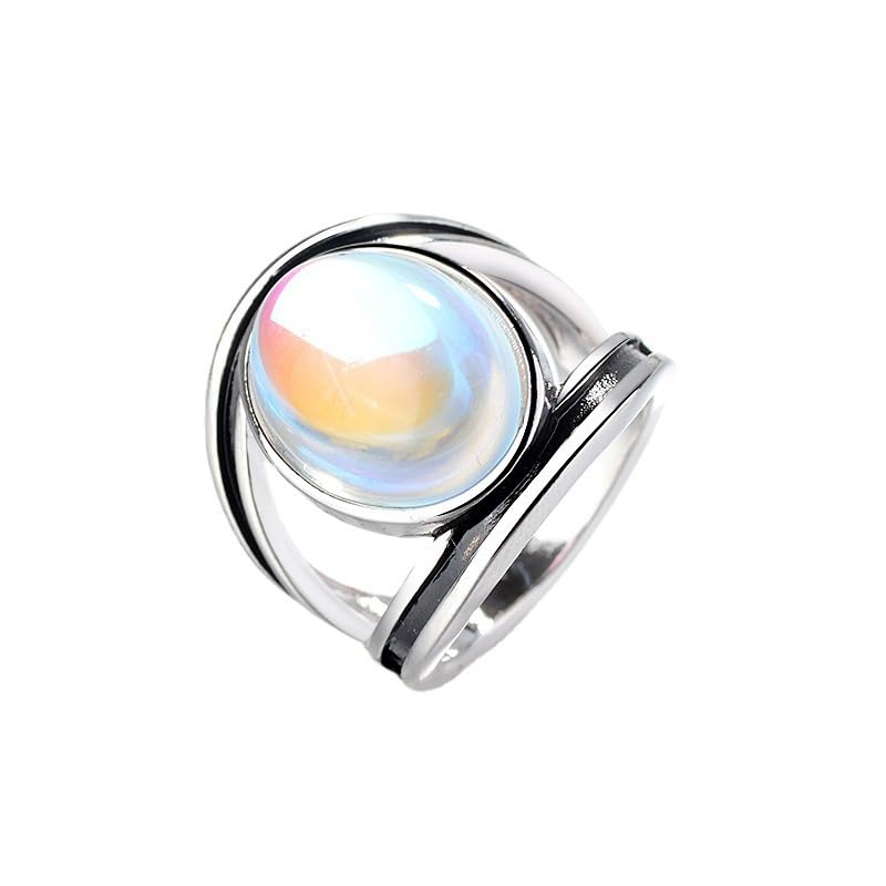 LRGKMCWTOB Vintage Moonstone Chunky Ring Boho Faux Dainty Native Gemstone Ring Moonstone Statement Ring Jewelry for Women Sterling Silver Retro Style Promise Creative Band Ring Gift Size 9