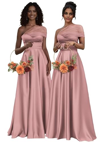 Satin One Shoulder Bridesmaid Dresses Tulle Prom Dresses for Women 2025 Pleated Long Formal Evening Party Gown4