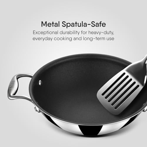 Image of Stahl Artisan Schild 2.4L, 24 cm Kadhai Triply Stainless Steel + PEEK-Reinforced Non-Stick Kadhai | Induction & Gas Compatible | with Glass Lid | Manufacturer Warranty