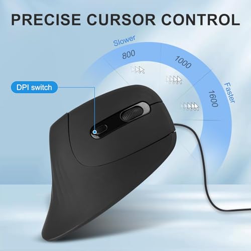 HXMJ - Mouse vertical com fio, mouse óptico ergonômico USB com 3 DPI ajustáveis, clique silencioso,