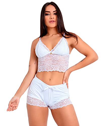 Pijama Short Doll Baby Doll IMI Lingerie Cropped Microfibra Renda Tóquio Cor:Branco;Tamanho:GG