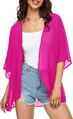 Image of Indian Trendy Women's Solid Puff Sleeve Kimono Cardigan Loose Cover Up Casual Blouse Top Chiffon