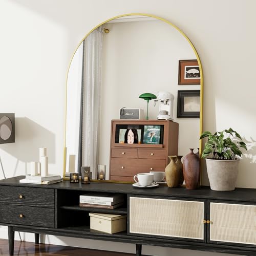 BEAUTYPEAK Espejo de pared arco con oro, 81 x 78 cm, marco de aleación de aluminio irrompible, espejo de baño, montaje en pared y espejo de pared con arco fiable, adecuado para dormitorio, entrada,