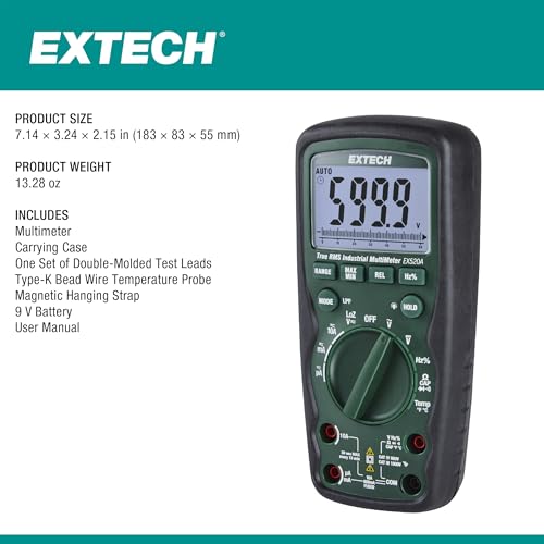 Image of Extech EX520A High Accuracy True RMS Multimeter, 6000 Count, 0.09% | AC /DC to 1000V, 0.09% DC accuracy, LoZ, low pass filter, Type K, IP67, 2m drop, magnetic strap