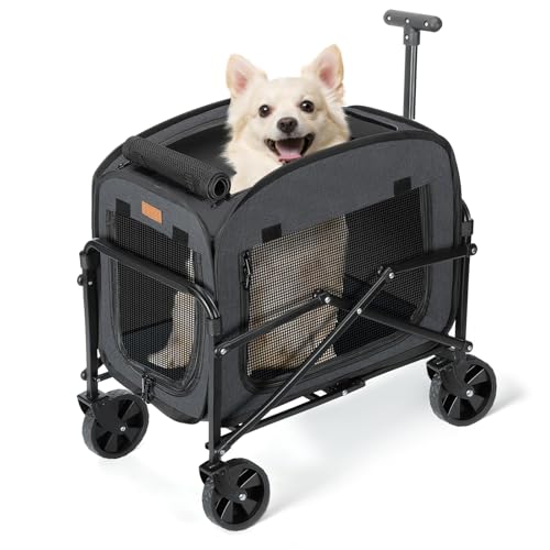 Lekespring Trasportino per Cani Gatti con Ruote, Trasportino Gatto con Manico Telescopico e Base Rimovibile, Carrello Animali Rotolante Carico Massimo 18 kg con Grandi Ruote per Tutti Terreni, Nero