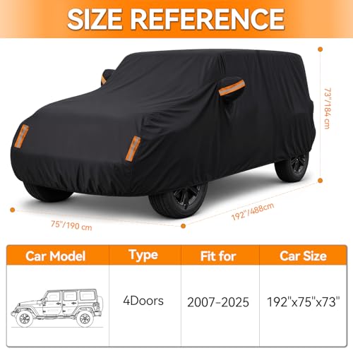 Image of Car Cover for Jeep Wrangler 4 Door 2006-2026 JK JL Outdoor Waterproof Sun Rain Snow Hail UV Protection with Driver Door Zipper