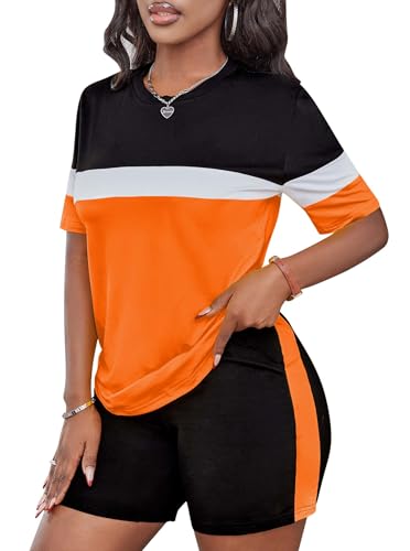 LovelyWholesale Neon Two Piece Outfit for Casual 2 Piece Tracksuit with Neon Shirt and Black Shorts Set3