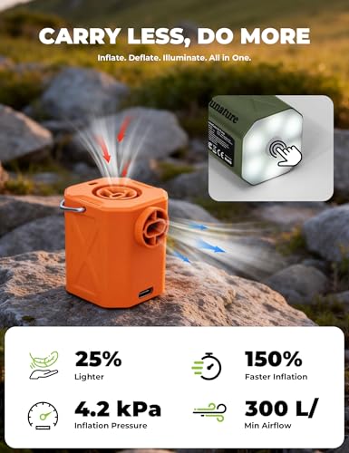 Pompe à air électrique 45 g de camping avec éclairage LED et 5 embouts