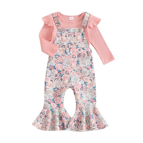 Image of WZTYYDS Toddler Baby Girl Fall Clothes Floral Print Overalls Suspender Flare Pants Long Sleeve Ruffle Knit Top 2Pcs Outfits