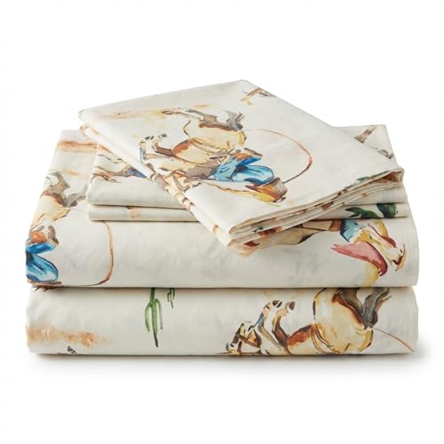 Rod's True Western Bronco Full Sheet Set – 4 Piece Western Bedding, Rust Tan Blue Green Cotton Sheets with Pillowcases