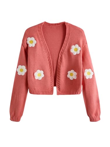 Image of MakeMeChic Women's 3D Floral Cardigan Sweaters Open Front Cropped Cute Cardigan Lantern Sleeve Outerwear Watermelon Pink Medium