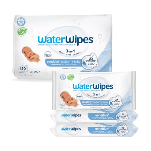Image of WaterWipes (Made in Ireland) Baby wipes, 3 pack (180 wipes), For sensitive skin, World's Purest Wipes (Imported), Just 2 ingredients, Certified by Allergy UK and Eczema association