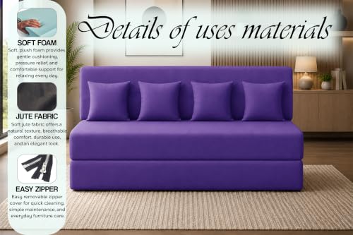 Image of Sofa Cum Bed with Jute Fabric, Convertible Four Seater Sofa Bed 6x6 Ft, Comfortable Cushioned Seating, Space Saving Design for Living Room, Bedroom & Guest Room - Purple Color