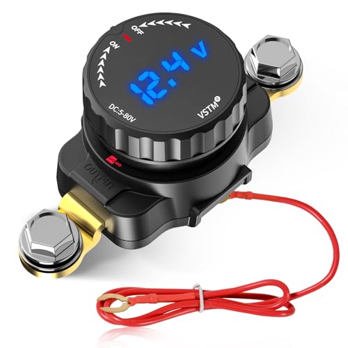 VSTM Battery Disconnect Switch, 5V-80V Side Post Battery Switch with LED Voltage Display, On/Off Master Isolator Power Shut/Cut Off for Car, Boat, RV, Truck, Camper, Trailer (Negative,Vertical)