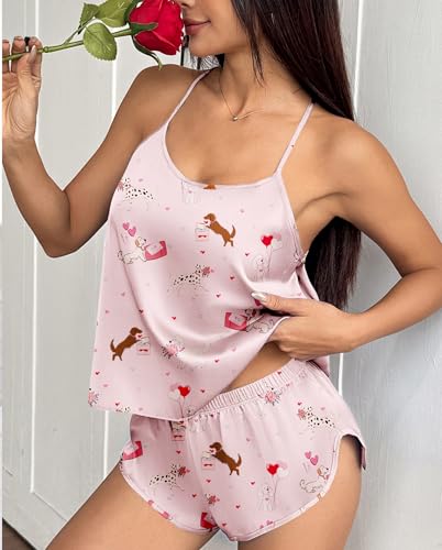 Image of Ekouaer Silk Pajamas Set for Women Satin Backless Lingerie Pjs Cami Top and Shorts Nightwear