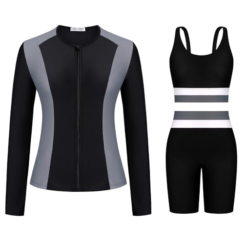 Kate Kasin Women's 3 Piece Rash Guard Long Sleeve Color Block Built in Bra UPF 50+ Zip Up Swim Shirt with Boyleg Shorts