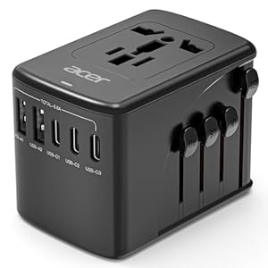 Acer Universal Travel Plug Adapter – International Power Adapter with 5 USB Ports (3 USB C) 5.8A, Worldwide Outlet Charger for USA to European UK France Germany Spain, Type C/E/F/G/I/L/A, Black
