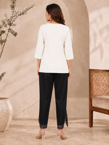 Image of Leriya Fashion Trousers for Women | Cotton Ethnic Palazzo Pants with Lace Embroidery | Elastic Waist Wide Leg Casual Women Trousers | Comfortable Summer Woman Trouser Pants