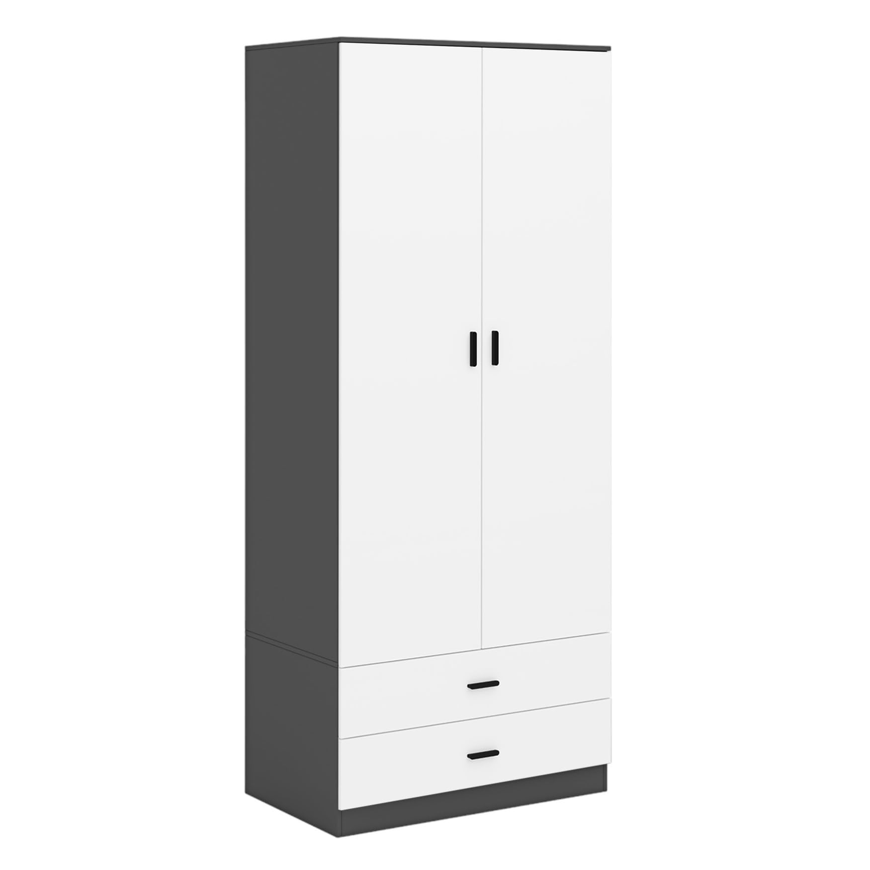URBNLIVING Tall Wooden 2 Door Black Wardrobe With 2 Drawers Bedroom Storage Hanging Bar Clothes (Black Carcass + White Drawers)