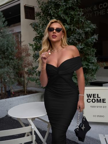 BEAGIMEG Women's Sexy Elegant Bodycon Sleeveless Ruched Off Shoulder Night Party Cocktail Midi Dress3