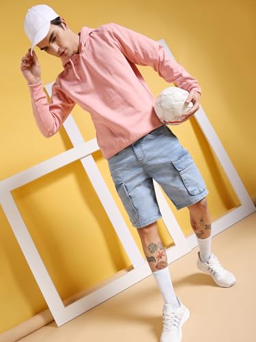 Image of The Indian Garage Co Men Relaxed Fit Solid Mid-Rise Denim Cargo Shorts