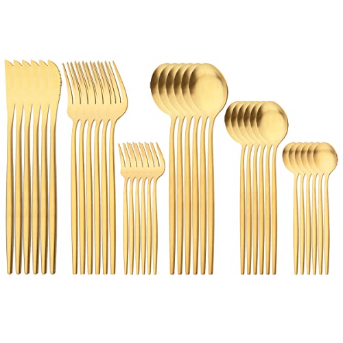 Gugrida Golden Luxury Flatware, Royal 36 Piece Matte 18/10 Stainless Steel Dinnerware Service for 6 Including Forks Spoons Knives, Camping Silverware Travel Utensils Set Cutlery