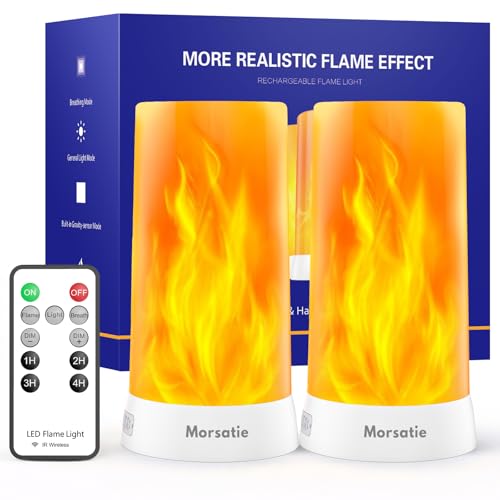 Upgraded Flame Light Rechargeable LED Flame Lamp with Remote & Timer 4 Modes Upside-Down Effect Waterproof Battery Operated Dimmable Flameless Candles for Camping Indoor Outdoor Decor 2 PCS