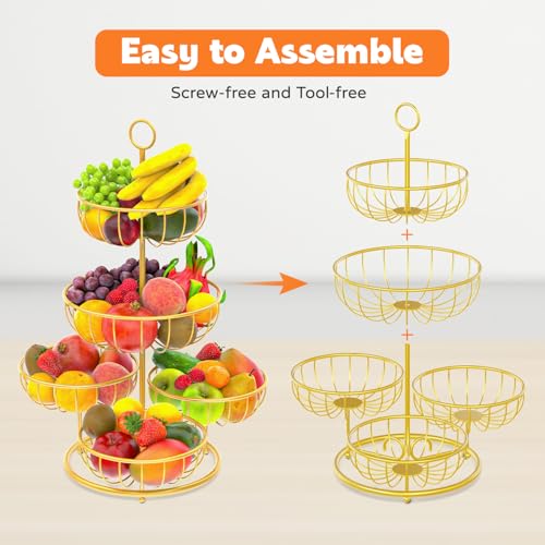PouHenier 5-Tier Metal Fruit Basket Stand for Kitchen Counter - Gold