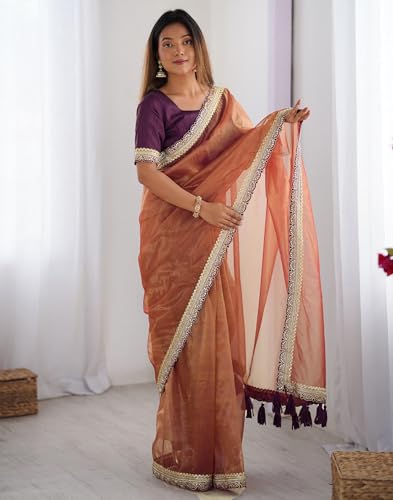 Image of SIRIL Women's Shimmer Net Lace Border Dual Tone Saree with Unstitched Blouse Piece