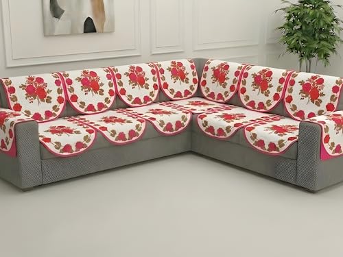 Image of Fab Nation Sofa Cover L Shape 6 Seater with Corner L Type Fully Covered Sofa Set for Living Room | Cotton Sofa Slipcovers for 3 + 3 Seaters Cover with 2 Arms | Pink Rose