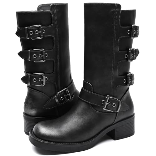 Image of GLOBALWIN Chunky Mid Calf Fashion Dressy Motocycle Biker Military Style Combat Boots for Women Low Heel