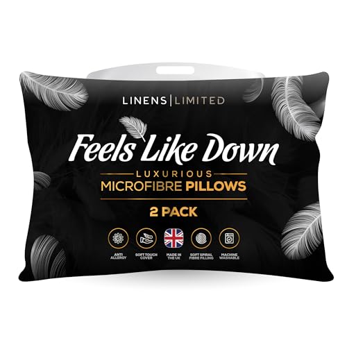 Linens Limited - Soft Pillows 2 Pack, Made in the UK, Hotel Quality, Luxurious Bounce Back Pillows, Feels Like Down, Medium and Orthopedic Support, Non-Allergenic Microfibre, Machine Washable (White)