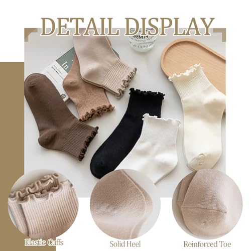 6 Pairs Women Ruffle Striped Socks for Women,Cute Vintage Frilly Ankle Socks3