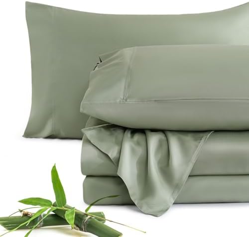 JSD Sage Green 100% Viscose Derived from Bamboo Sheet Set Queen, Cooling Sheets for Hot Sleepers, Soft Silky Breathable Bed Sheets Extra Deep Pocket