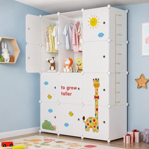 Image of EXVITO Kids Plastic Wardrobe - 12 Door Foldable Almirah for Clothes with Hanging Rod, Collapsible Wardrobe Cartoon Print Cupboard for Baby & Kids Room - M4