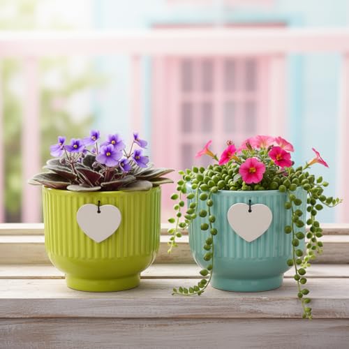 Image of Xtore Vibrant Ribbed Ceramic Planter Set for Indoor Plants | Modern Decorative Flower Pots for Desk, Shelf & Home Styling (Pack of 2, Planter only)