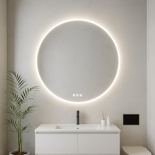 Espejo de Baño Circular con Luz Nora 120cm - Altavoces Bluetooth Integrados - Función Antivaho - Iluminación Frontal y Ambiental - Tres Tonos de luz Diferente: Neutra fría y cálida - Protección IP44