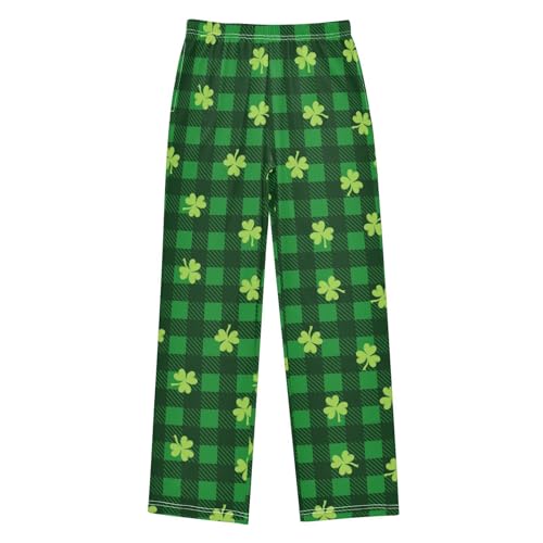 Clover Plaid Print Boys Long Pants Soft Trousers Elastic Waist Kids Lounge Bottoms with Pockets S-XL