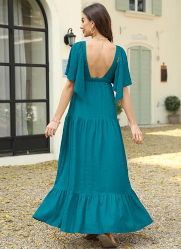 Image of Kikibell Women Summer Dresses Sexy V-Neck Maxi Dress Tiered Silhouette with Flutter Sleeve Backless Elastic Waist Flowy Dress