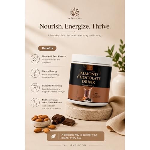 Image of AL MASNOON Almond Chocolate Drink /A Healthy Drink with Almond & Chocolate / 100% Natural /No Added Flavour & Colour 250g (Pack of 1)