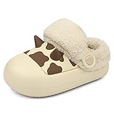 [ESTAMICO] 子供スリッパ 冬 裏起毛 暖かい ボアスリッパ 防水 可愛い乳牛 衝突防止 滑り止め 室内 室外履き 洗える（NEWホルスタイン+カーキ、15-15.5cm）