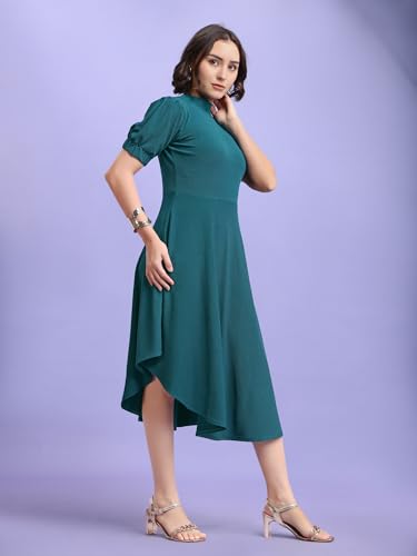 Image of PURVAJA Women's Fit & Flare Knee Length Short Sleeve Turtle Neck Solid Dress