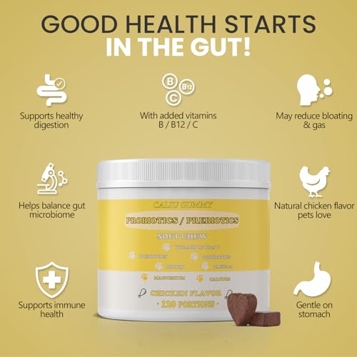 CALIU Pet Care | Gummies Santé Intestinale Chiens & Chats | 120 Unités | Probiotiques, Prébiotiques, Oméga-3, Vitamines & Minéraux | Saveur Poulet | Soutien Digestif & Immunitaire Animaux – Image 4