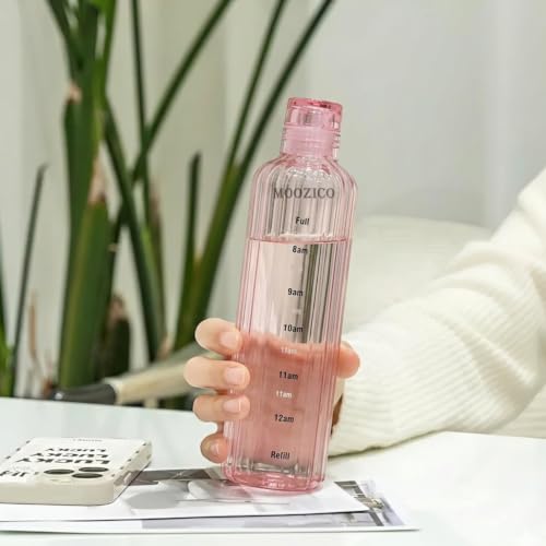 Image of Glass Water Bottle for Adults, Student Direct Drinking Freezer Safe, Leak Proof, Gym Travel On-The-Go Hotel-Style Design Borosilicate Glass Water Bottle With Time Marker (Pink Lining)