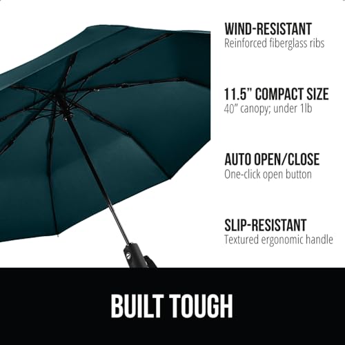 Image of GORILLA GRIP Compact Travel Size Umbrella for Rain, Sleek Design Fits Backpack, Purse and Carry On, Lightweight Under 1lb, One Click Open and Close, Wind Resistant, Durable Waterproof, Hunter Green