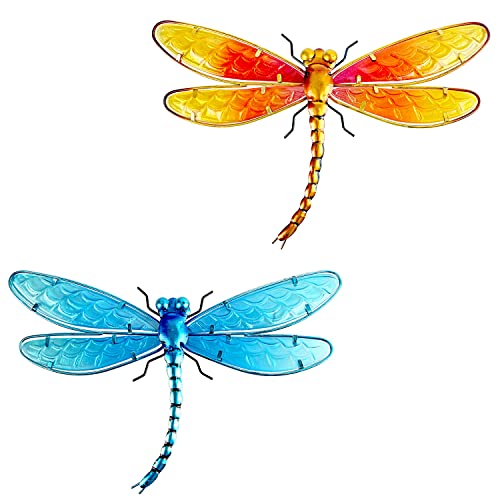 Tfro & Cile Metal Dragonfly Wall Decor Fence Glass Art Outdoor Garden Sculpture Hanging Decoration For Home Bedroom Patio Porch Or Fence - 2 Sets #TOP30