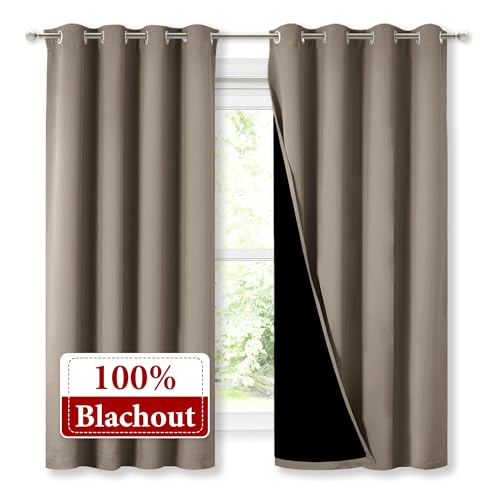 Image of NICETOWN 100% Blackout Curtains with Black Liners, Thermal Insulated Full Blackout 2-Layer Lined Drapes, Energy Efficiency Window Draperies for Bedroom (Taupe, 2 Panels, 52-inch W by 63-inch L)