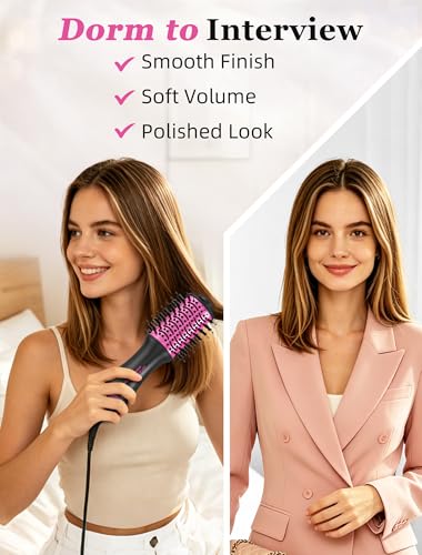 Image of Travel Hair Dryer Brush, 2 inch Oval Blow Dryer Brush, Dual Voltage, Black /Pink | Ceramic-Coated Barrel, Root-Lifting Volume and Smoother Blowouts for Short to Medium Hair